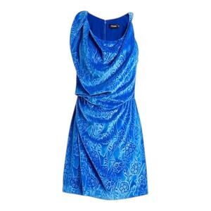 Atlein Draped Floral Design Cobalt Blue Velvet Dress Women’s Size 4 Small